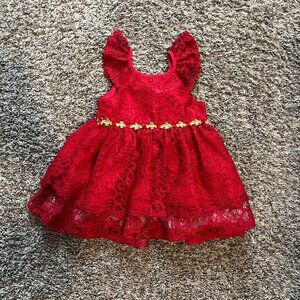 Laura Ashley Girls Holiday Dress 12 month Red Lace Overlay with Tulle Underlay